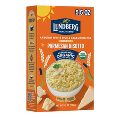 Lundberg Creamy Parmesan Risotto boxed mix ready for cooking, inviting weeknight dining.