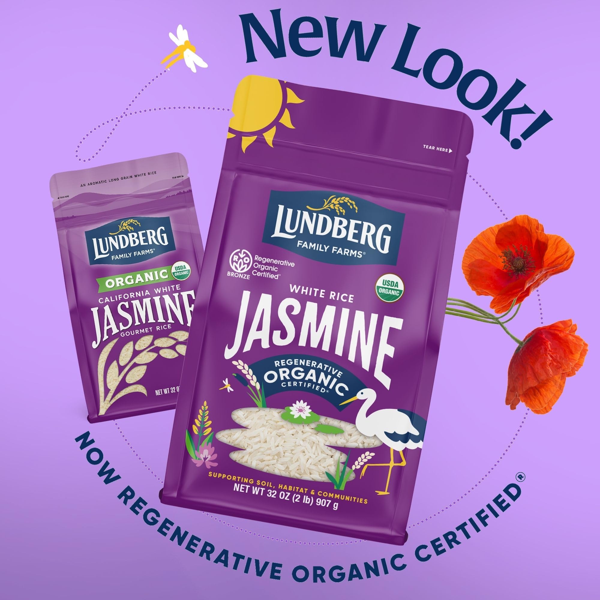 Vegan and kosher marks on Lundberg jasmine rice packaging.
