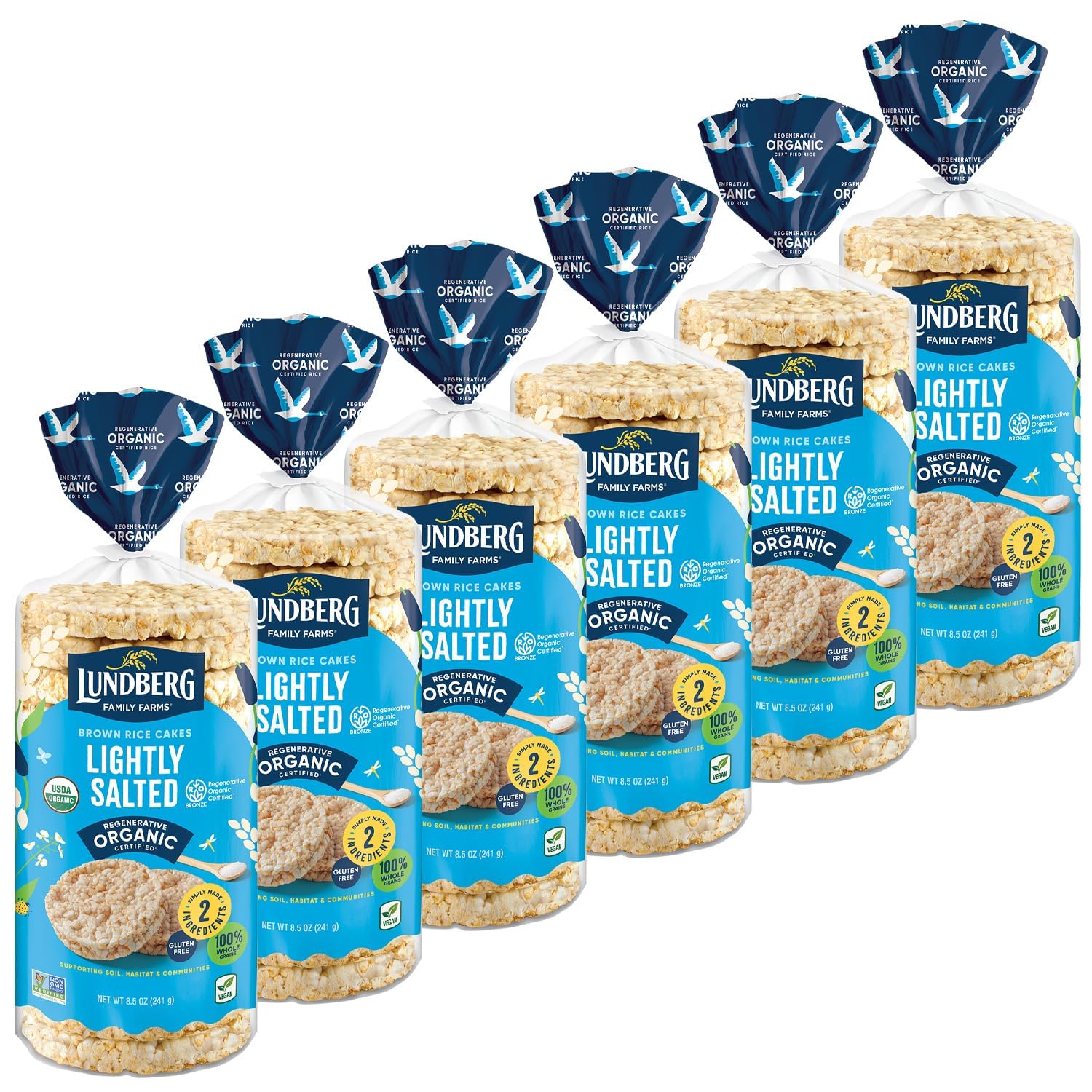 Lundberg Organic Brown Rice Cakes Lightly Salted packshot, gluten-free snack option