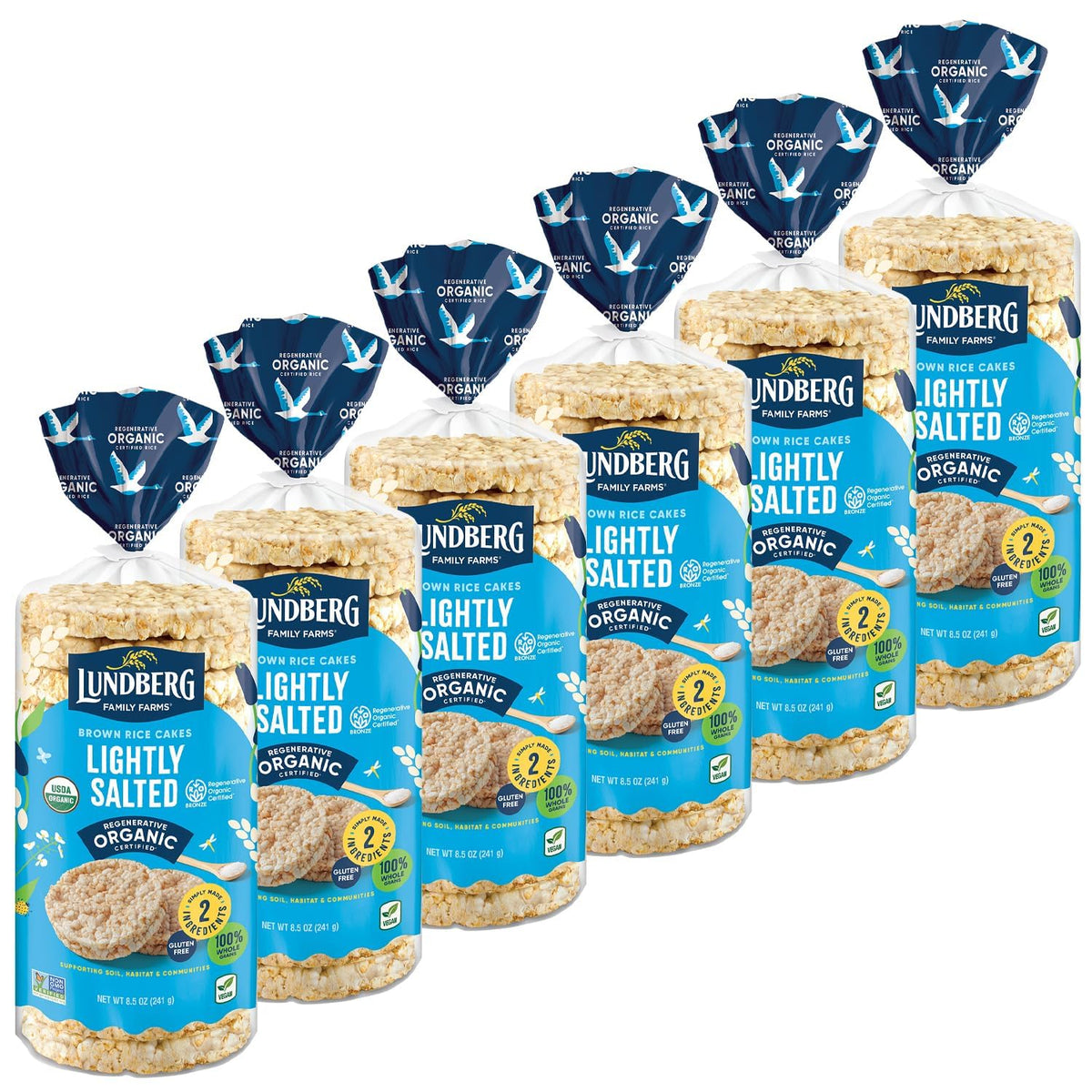 Lundberg Organic Brown Rice Cakes Lightly Salted packshot, gluten-free snack option