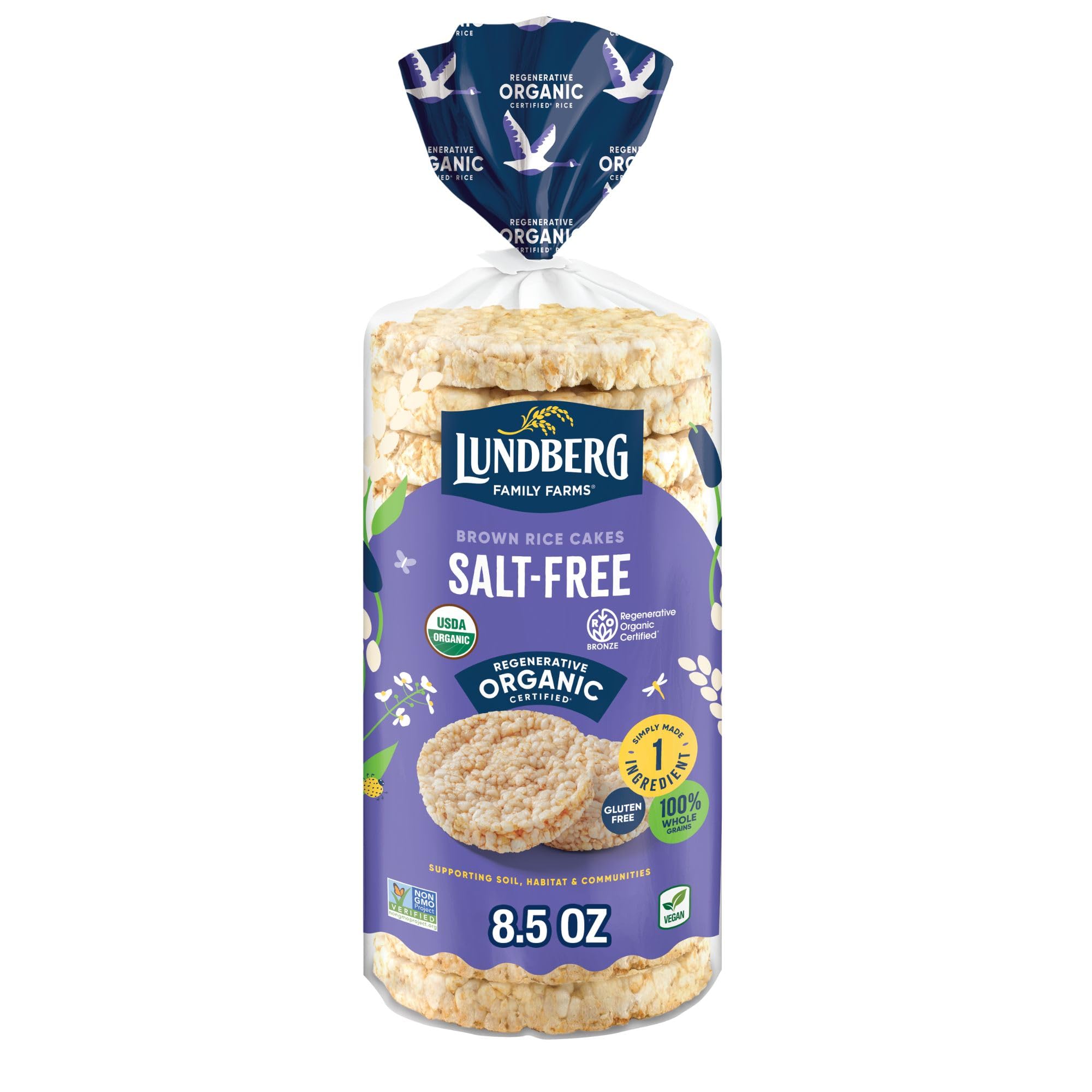 Lundberg Organic Brown Rice Cakes pack on shelf, salt-free and gluten-free snack option