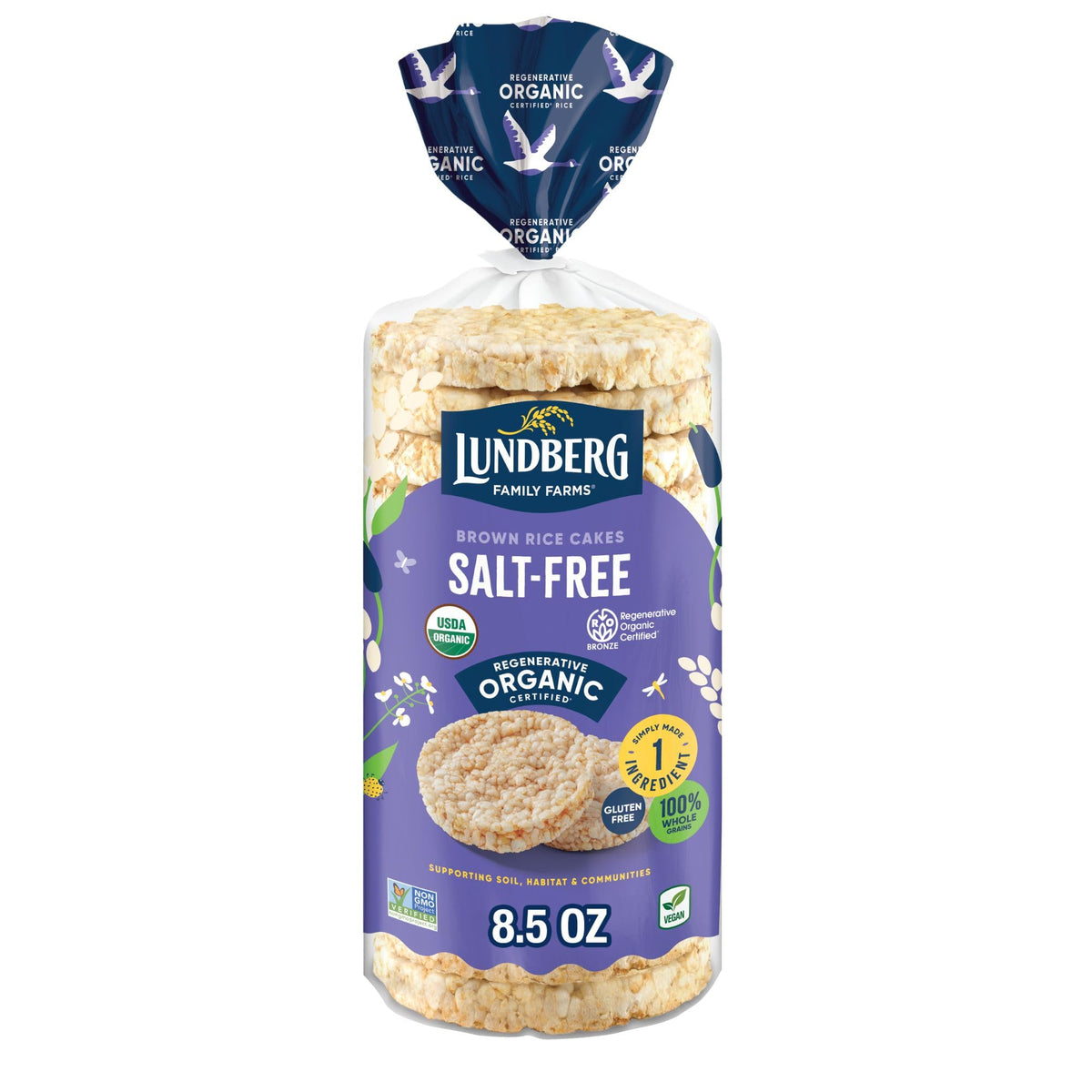 Lundberg Organic Brown Rice Cakes pack on shelf, salt-free and gluten-free snack option