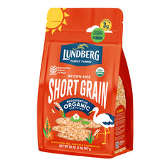 Lundberg Organic Brown Short Grain Rice bag displayed as pantry staple for daily meals.