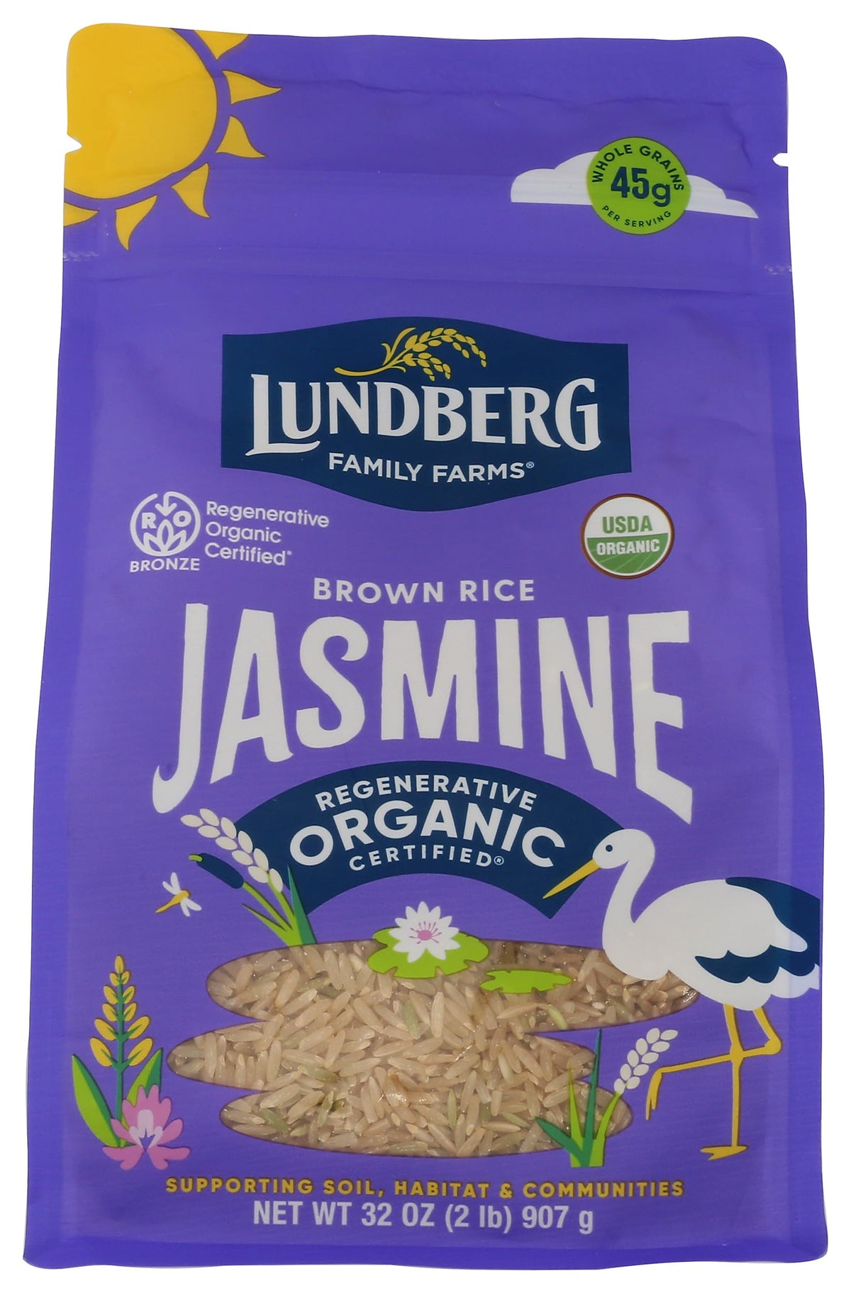 Lundberg Organic Jasmine Brown Rice pack with long grains, gluten-free and non-GMO