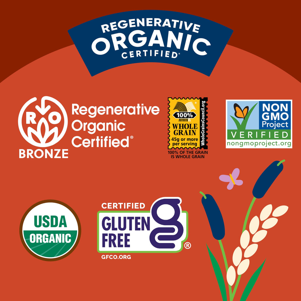 Lundberg Organic rice product highlighting gluten-free, vegan, and Non-GMO features.