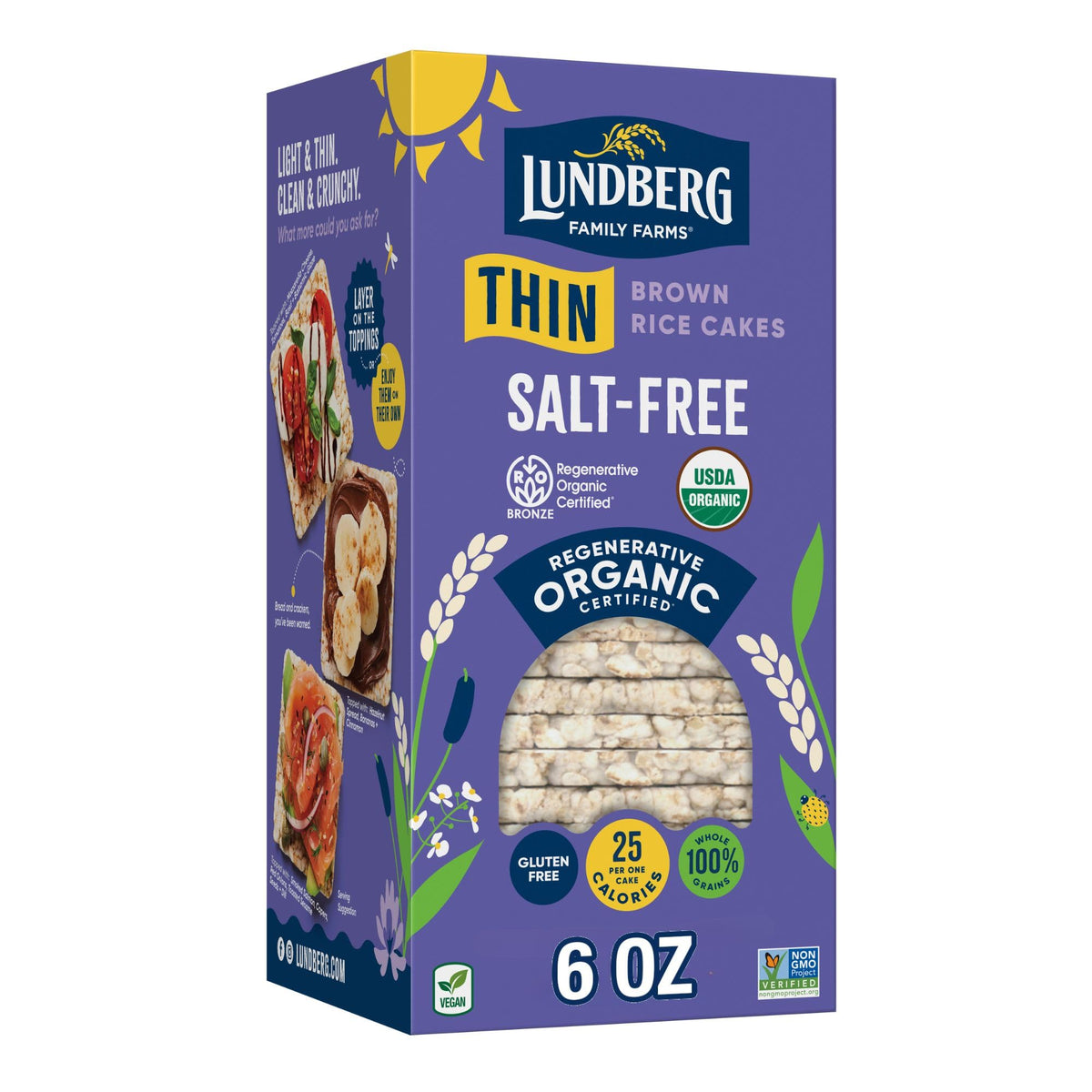 Lundberg Organic Thin Stackers 6oz box, gluten-free and vegan snack ready to top with favorites.