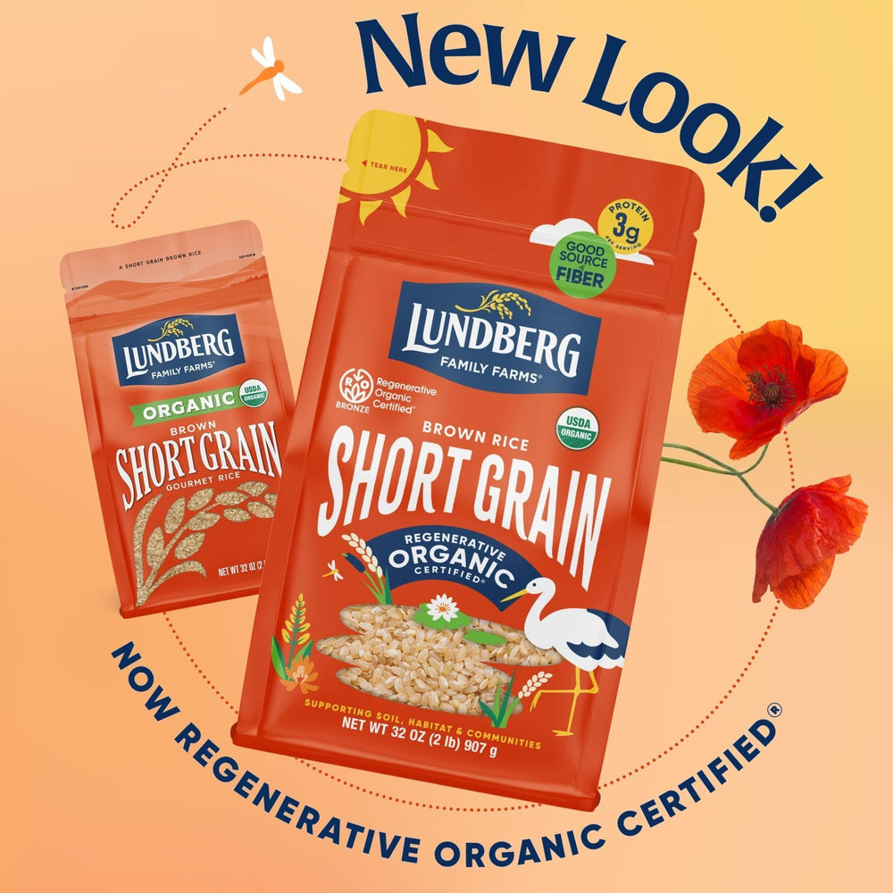 Close-up of plump brown rice kernels from Lundberg, perfect for creamy textures.