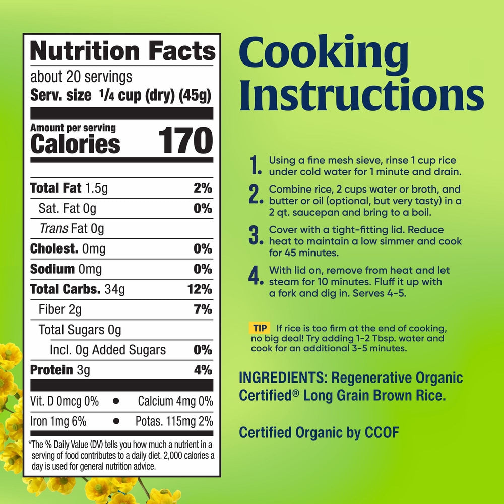Lundberg regenerative organic brown rice long grain measuring cup emphasizes precise portioning.