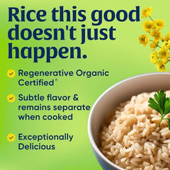 Lundberg regenerative organic brown rice long grain steaming pot implies fluffy, tender grains.
