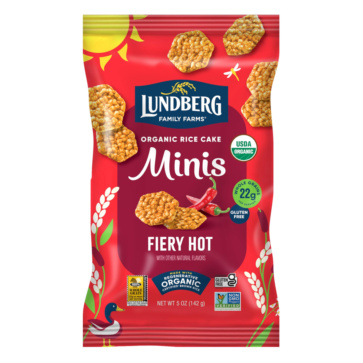 Lundberg Rice Cake Minis Fiery Hot: gluten-free vegan snack with bold, spicy flavor