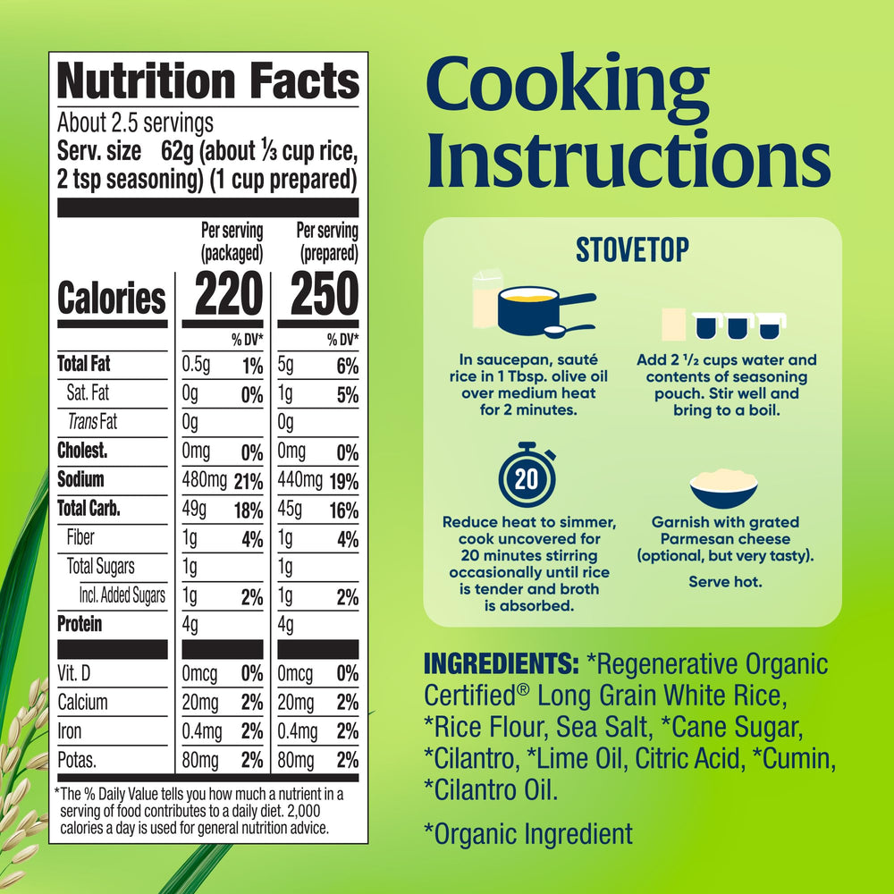Lundberg Rice Pilaf White Cilantro Lime ingredients close-up showing no artificial additives.