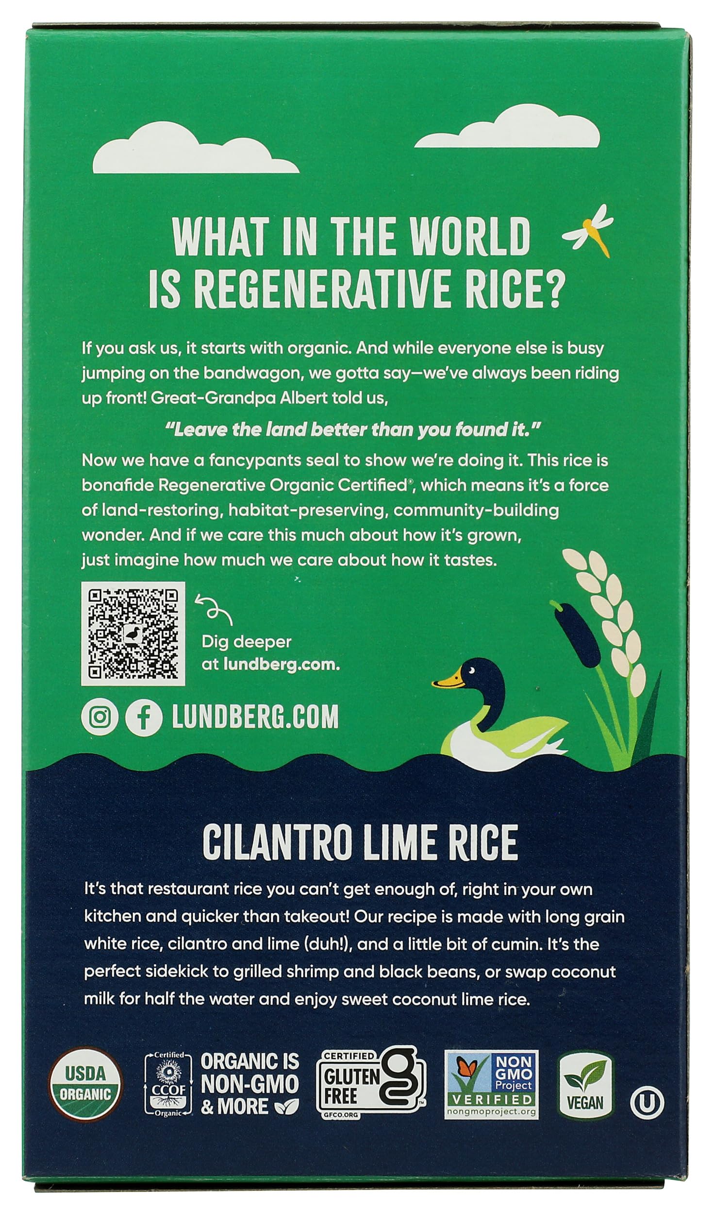 Lundberg Rice Pilaf White Cilantro Lime organic certification badge signals clean, trustworthy ingredients.