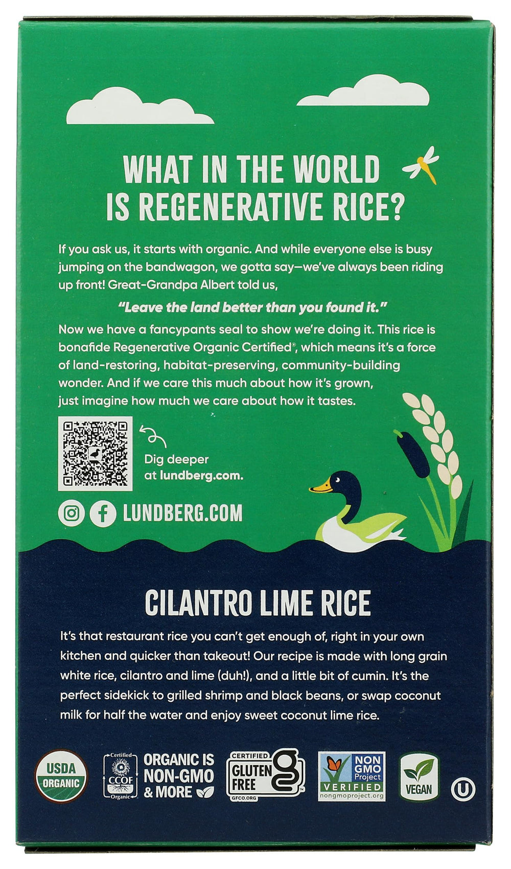 Lundberg Rice Pilaf White Cilantro Lime organic certification badge signals clean, trustworthy ingredients.