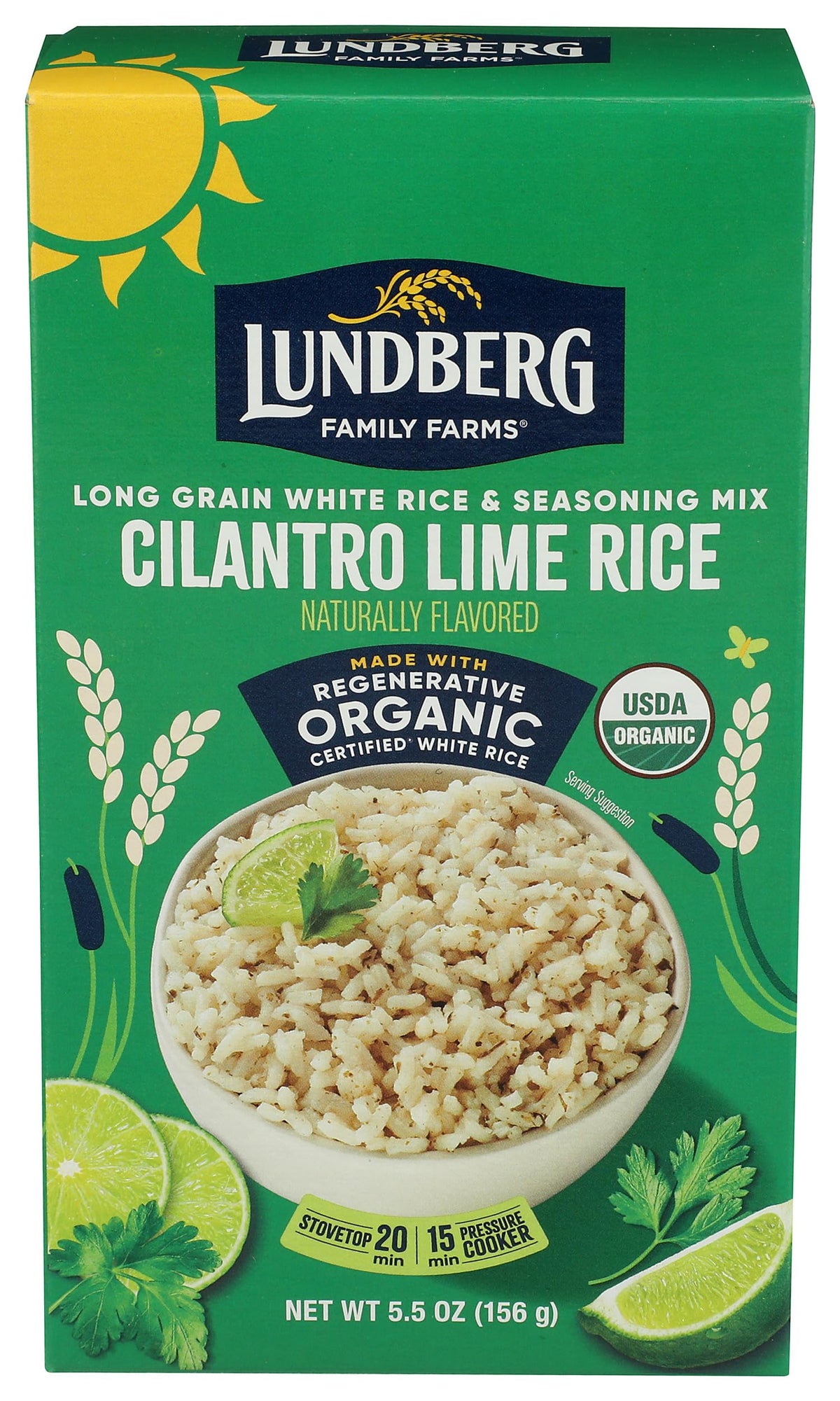 Lundberg Rice Pilaf White Cilantro Lime packaging front highlighting organic ingredients for easy weeknight meals.