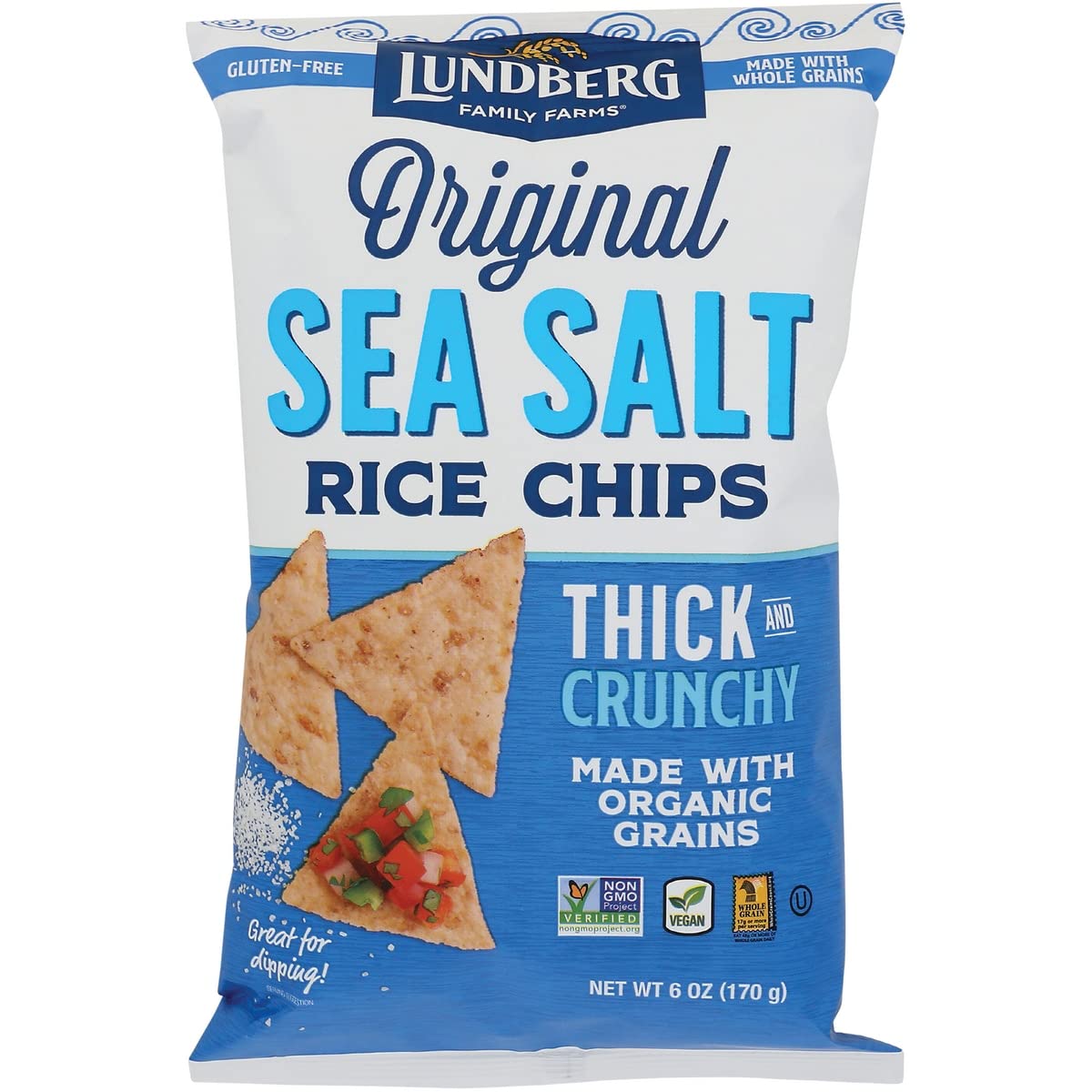 Lundberg Sea Salt Rice Chips—crunchy brown rice nuggets, perfect with dips.