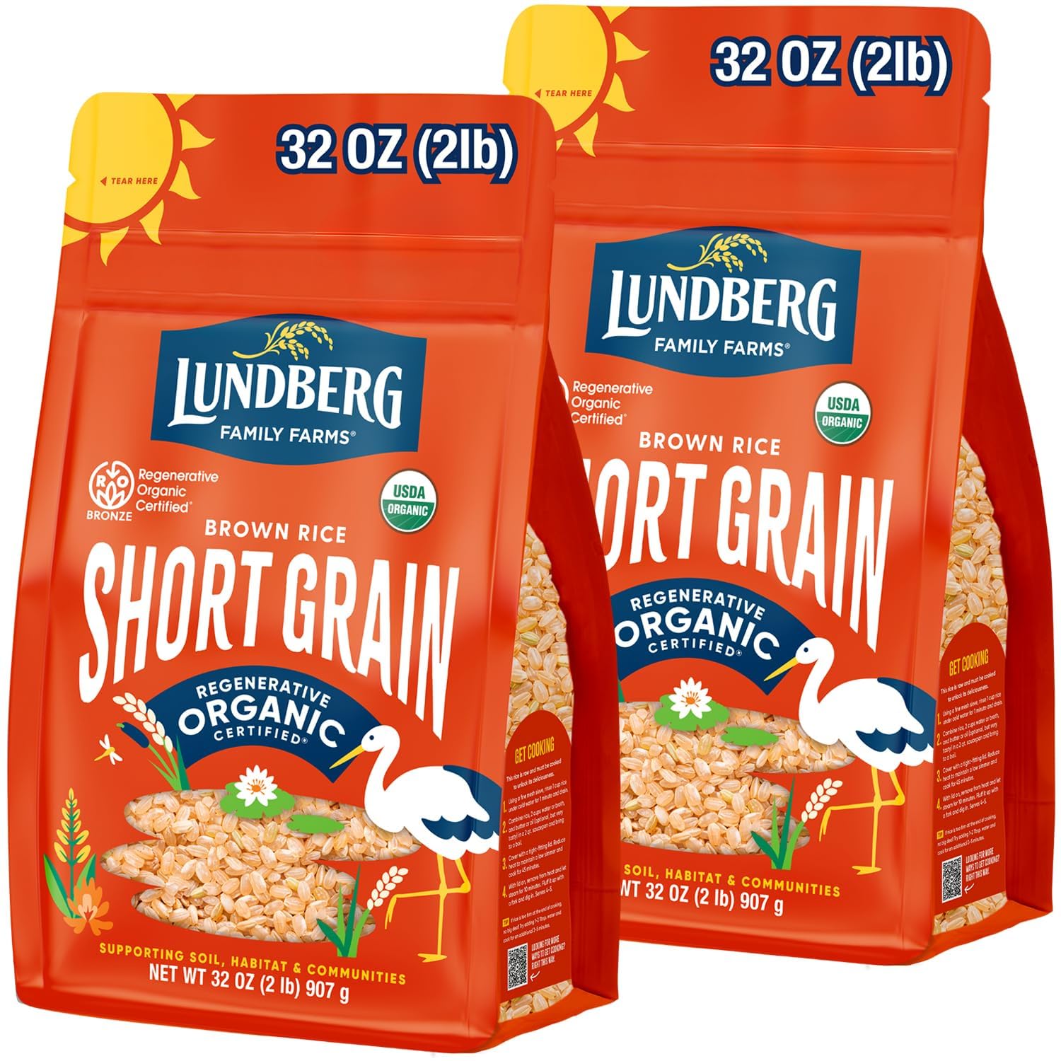 Lundberg short-grain brown rice 2-pack on shelf, ideal for creamy, sticky dishes.