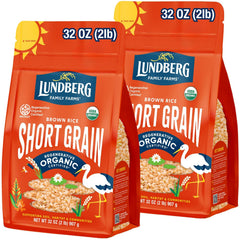Lundberg short-grain brown rice 2-pack on shelf, ideal for creamy, sticky dishes.