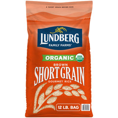 Lundberg short-grain brown rice in a bulk bag, highlighting its organic, versatile pantry staple.