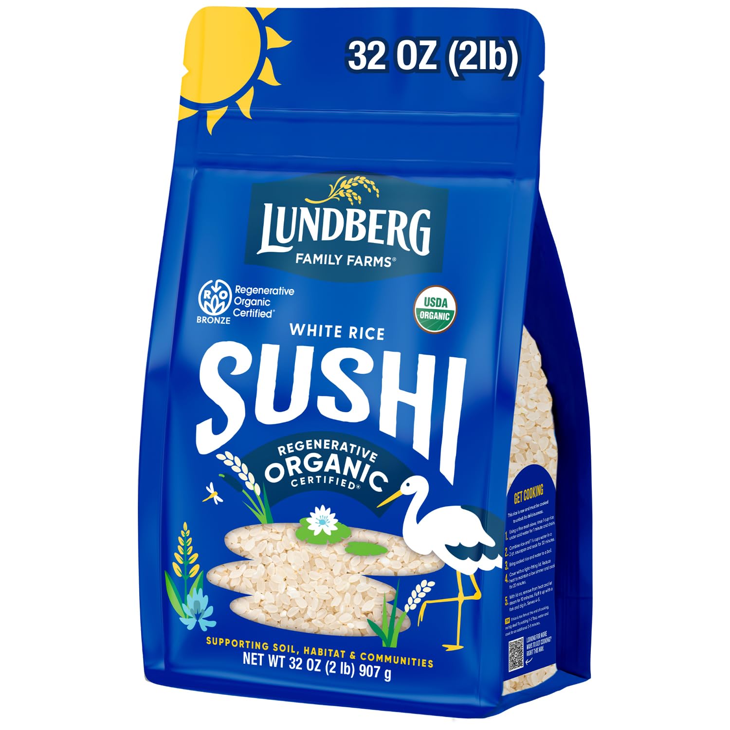 Lundberg Sushi Rice front package shows regenerative organic certification for sustainable meals.