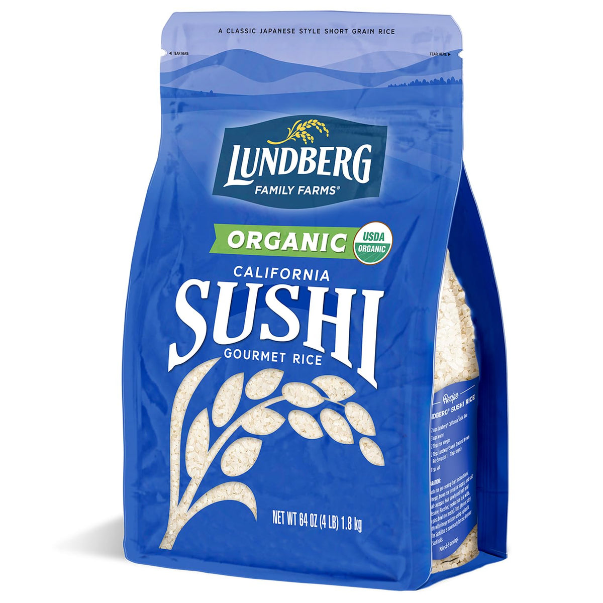 Lundberg sushi rice packaging 64oz, resealable bag for easy storage