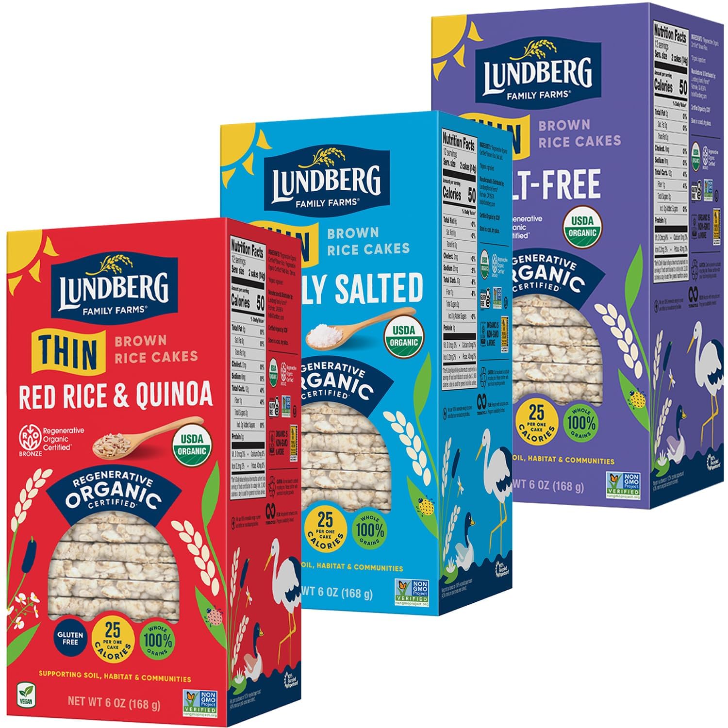 Lundberg Thin Brown Rice Cakes, lightly salted on a plate, ready for a quick gluten-free snack.
