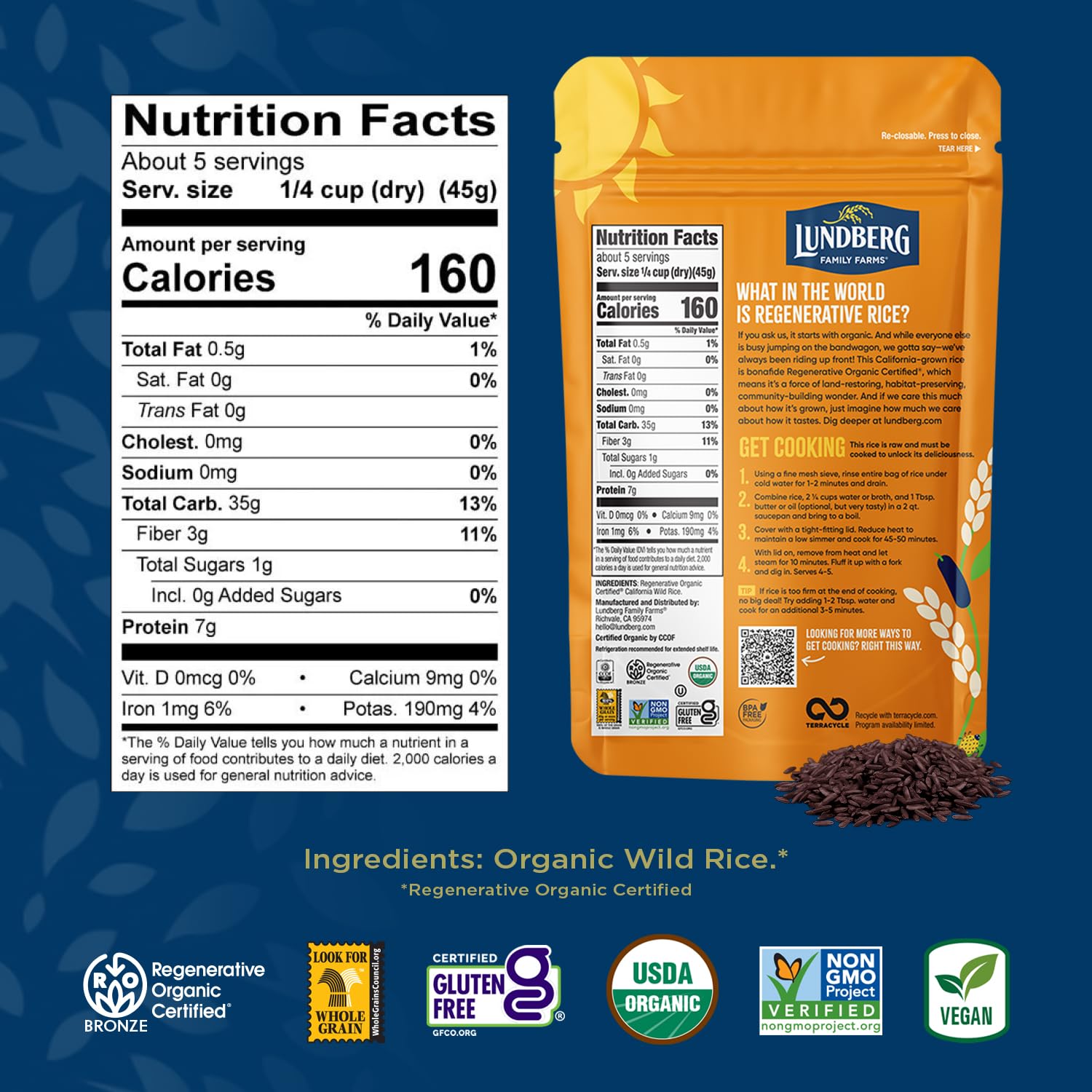 Raw Lundberg Wild Rice grains highlight California cultivation and natural whole grain virtue.