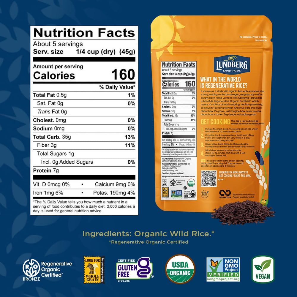 Raw Lundberg Wild Rice grains highlight California cultivation and natural whole grain virtue.