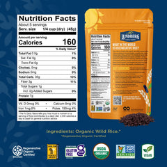 Raw Lundberg Wild Rice grains highlight California cultivation and natural whole grain virtue.
