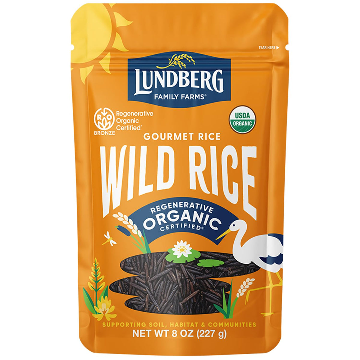 Lundberg Wild Rice bag showcasing regenerative organic certification and California-grown quality.