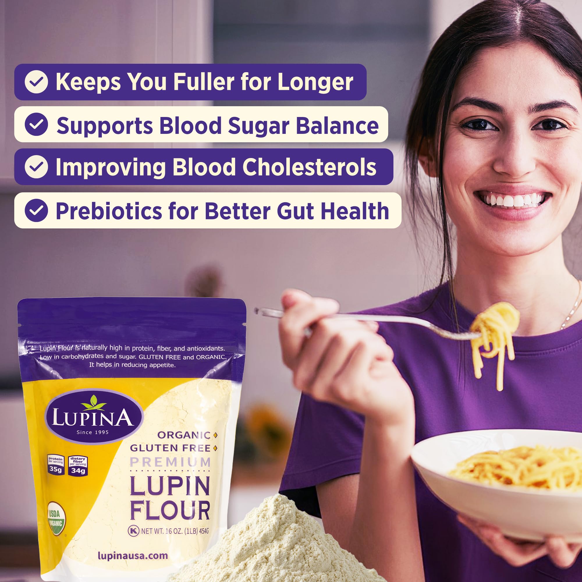 USDA Organic and Non-GMO verified Lupina lupin flour.