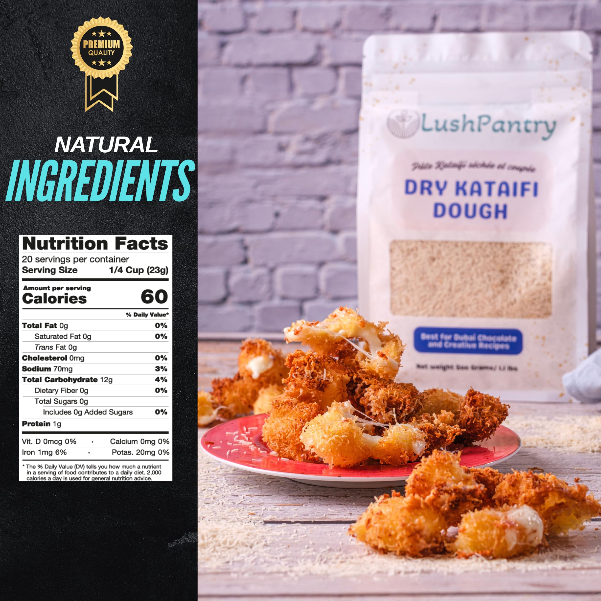 Lushpantry Kataifi strands close-up show delicate, crispy texture.
