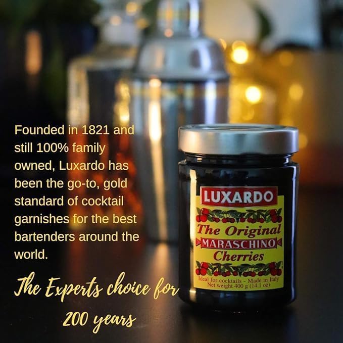 Luxardo maraschino cherries used as a cocktail garnish for classics.