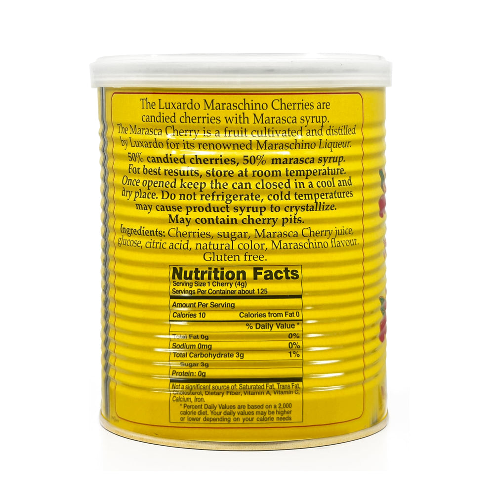 Luxardo Gourmet Maraschino Cherries tin side label showcasing authentic quality