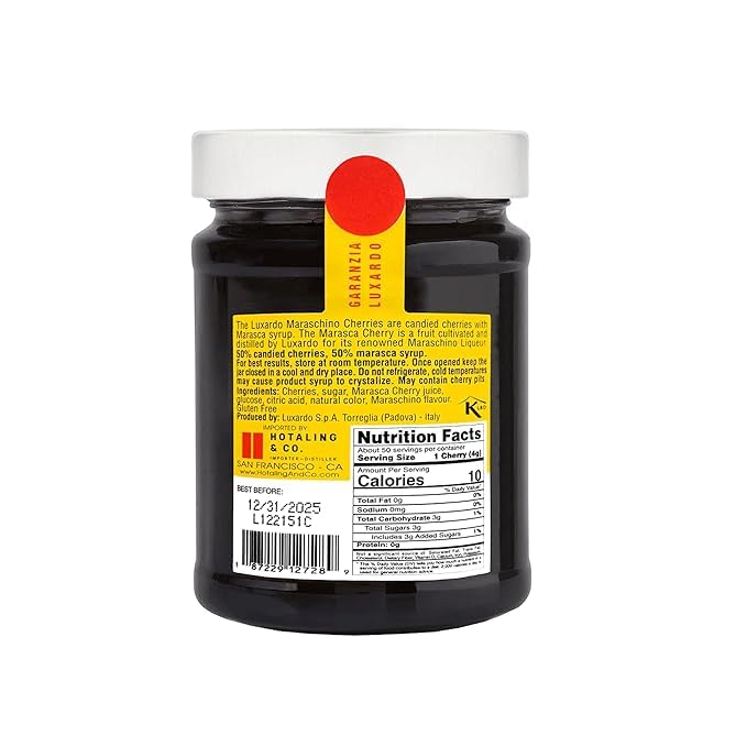 Luxardo maraschino cherries with syrup-gloss jar highlight a premium cocktail garnish.