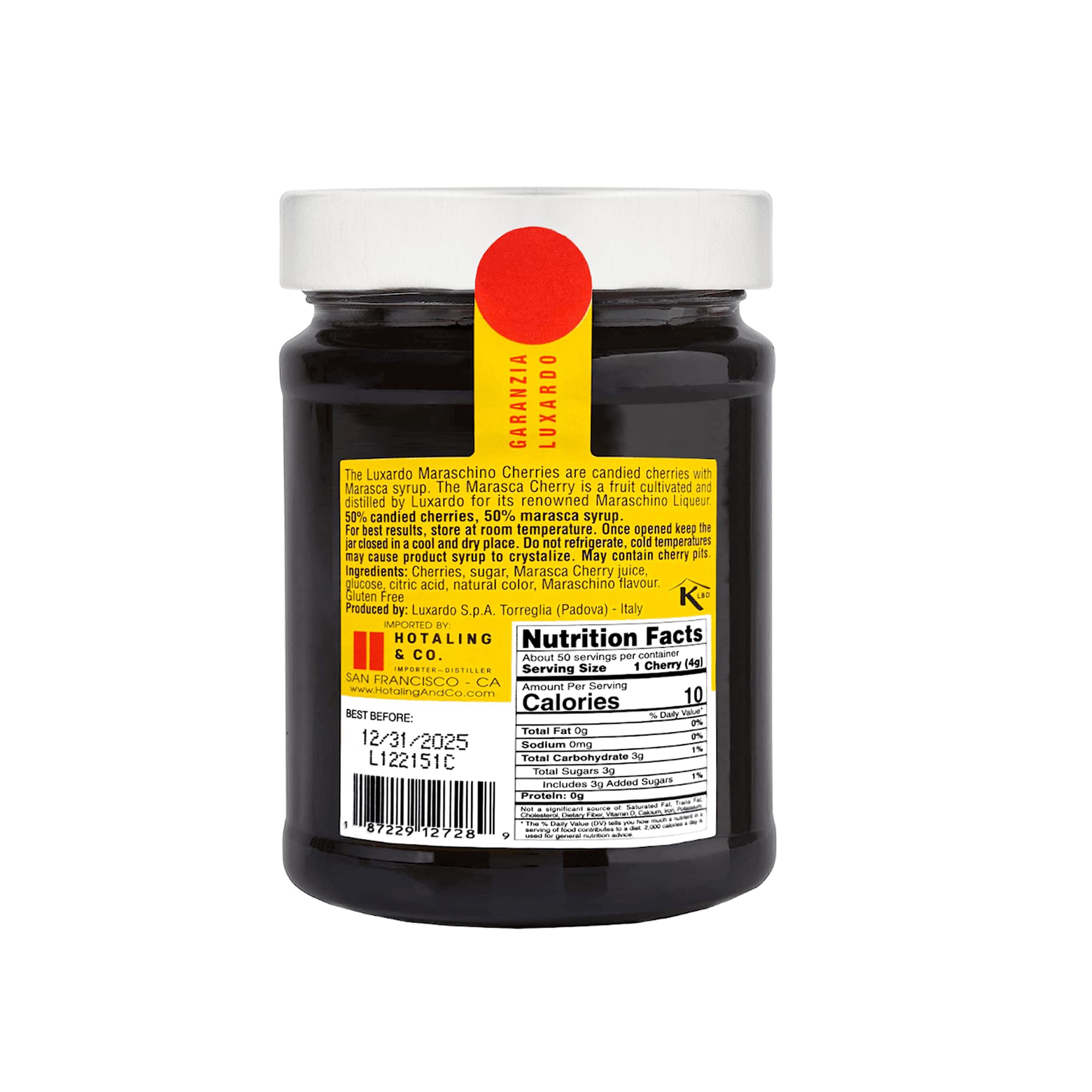 Luxardo maraschino cherries in syrup offer balanced sweetness.