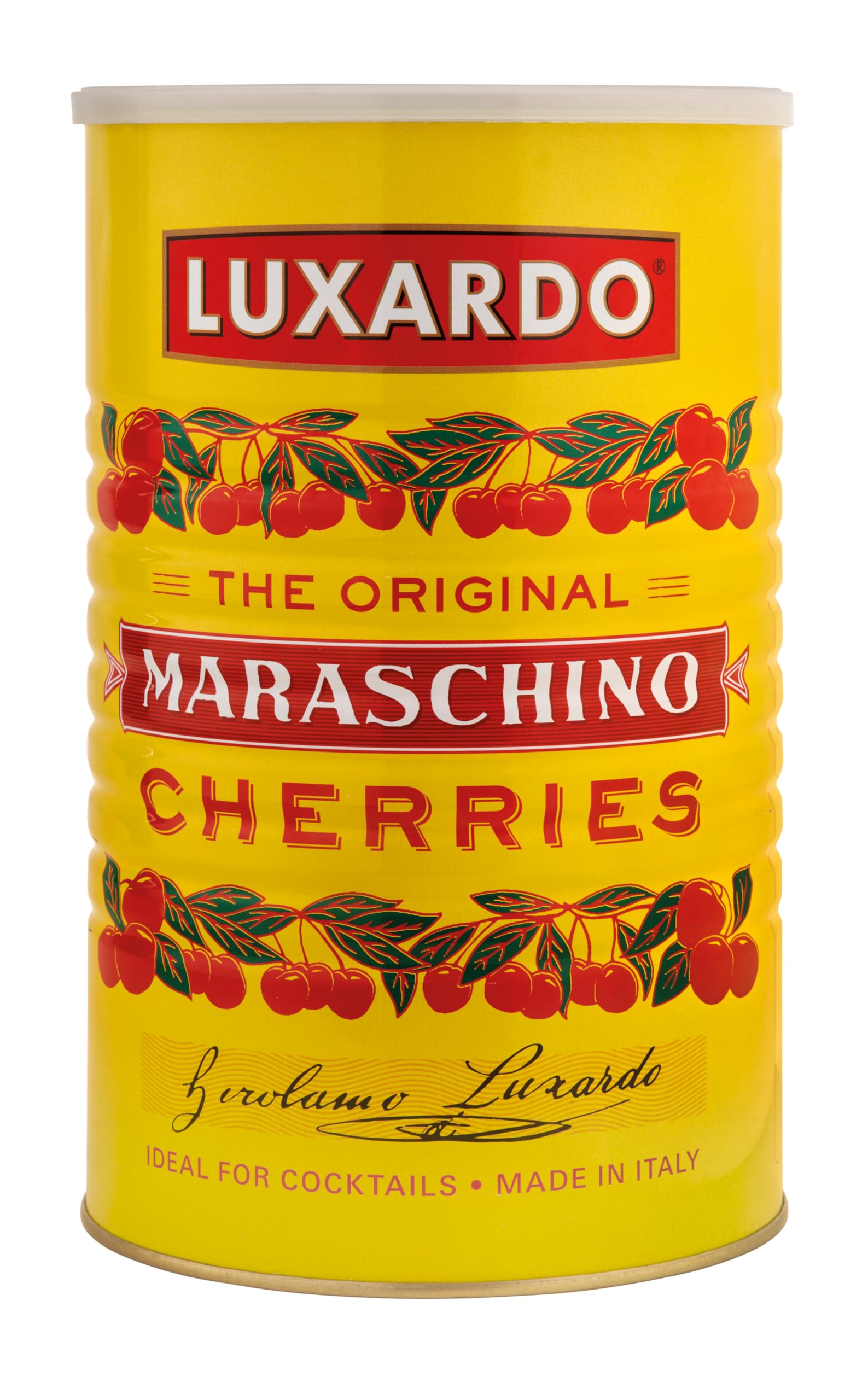 Luxardo maraschino cherries in a 12 lb can, premium cocktail garnish.