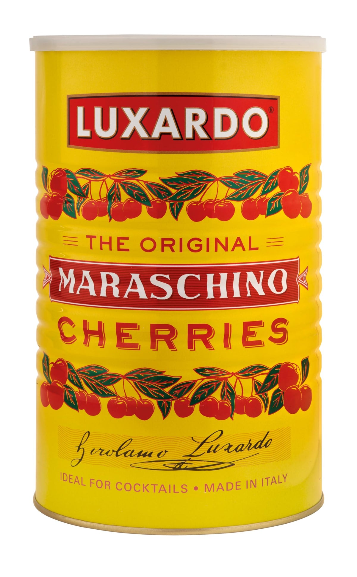 Luxardo maraschino cherries in a 12 lb can, premium cocktail garnish.