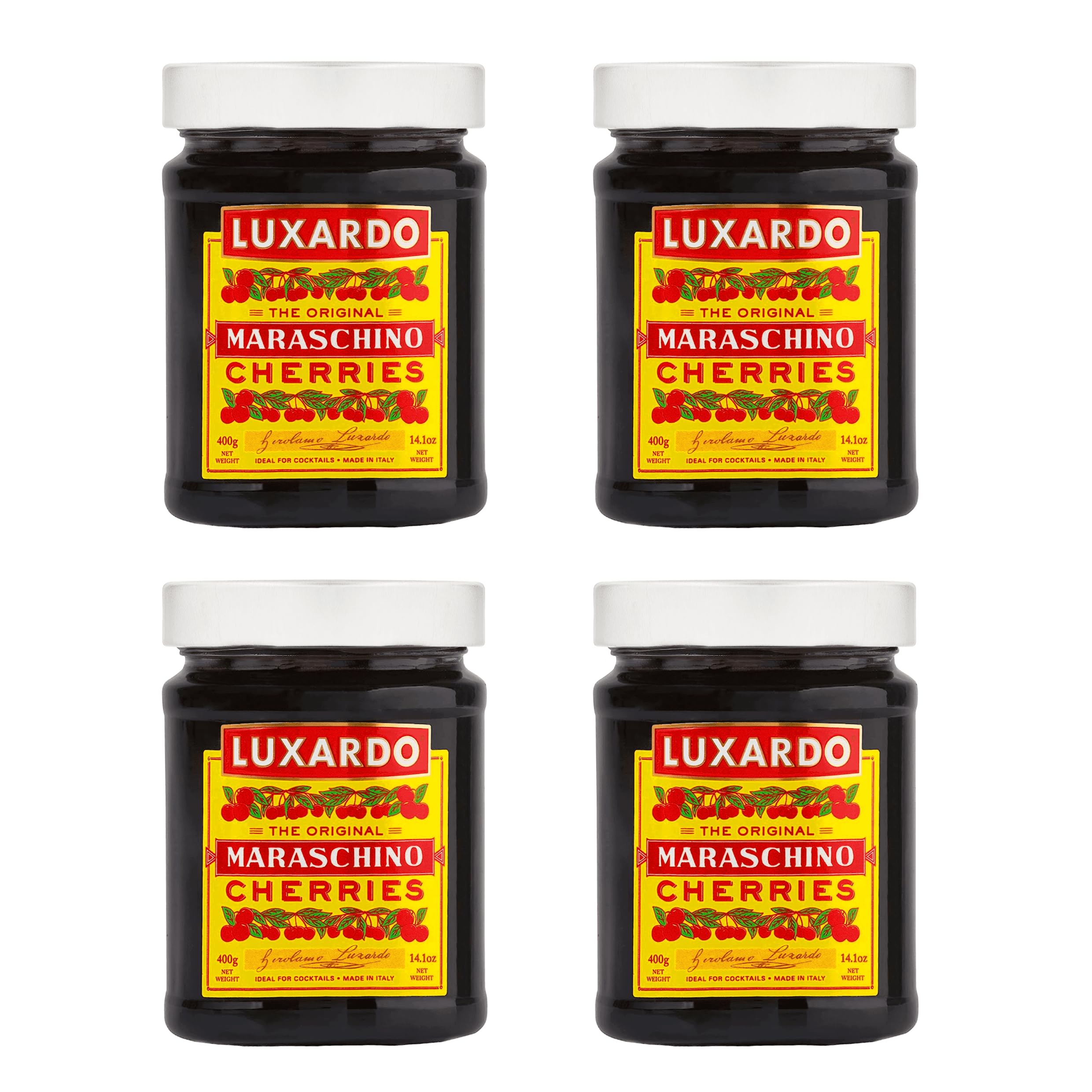 Luxardo original maraschino cherries in four-pack jar close-up for premium cocktails.