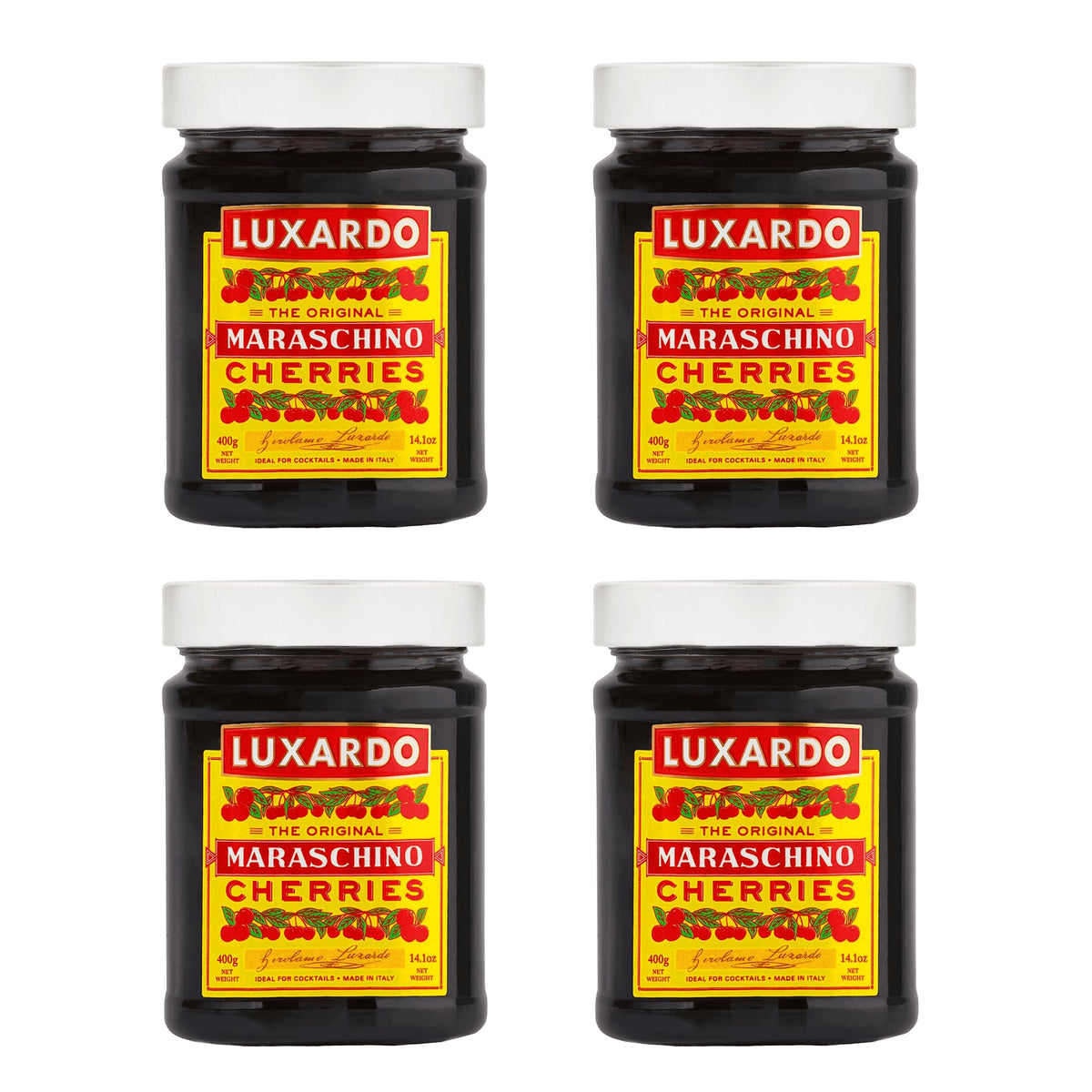 Luxardo original maraschino cherries in four-pack jar close-up for premium cocktails.