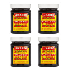 Luxardo original maraschino cherries in four-pack jar close-up for premium cocktails.