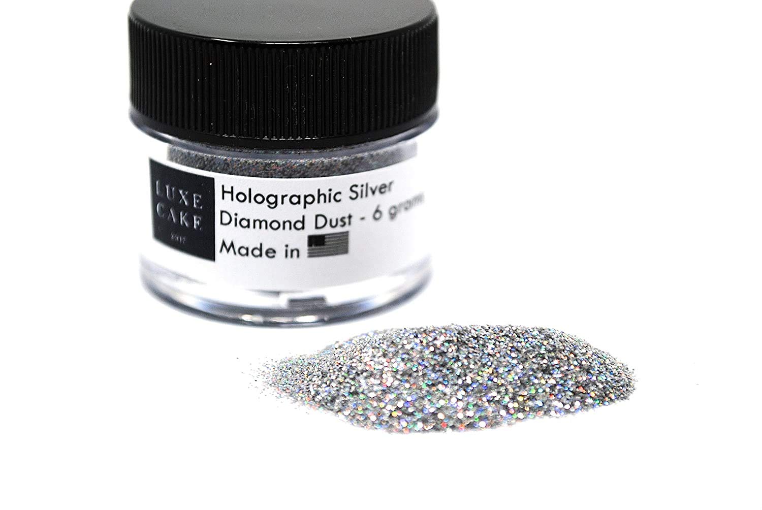Luxe Cake Silver Hologram Dust bottle adds shimmering detail to cakes and cupcakes.