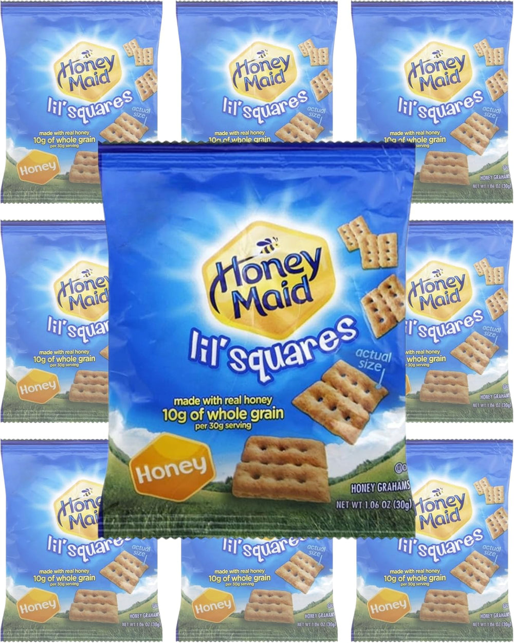 Luxenton Honey Maid Lil' Squares box showing 10 single-serve packs for grab-and-go lunches.