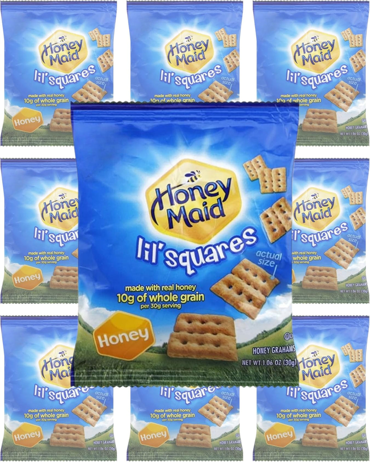 Luxenton Honey Maid Lil' Squares box showing 10 single-serve packs for grab-and-go lunches.