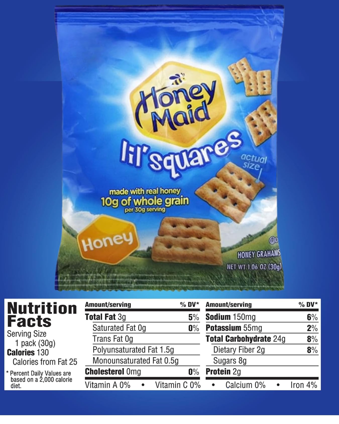Luxenton Honey Maid Lil' Squares crackers close-up in snack packs highlighting honey flavor for quick energy.