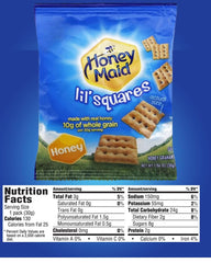 Luxenton Honey Maid Lil' Squares crackers close-up in snack packs highlighting honey flavor for quick energy.