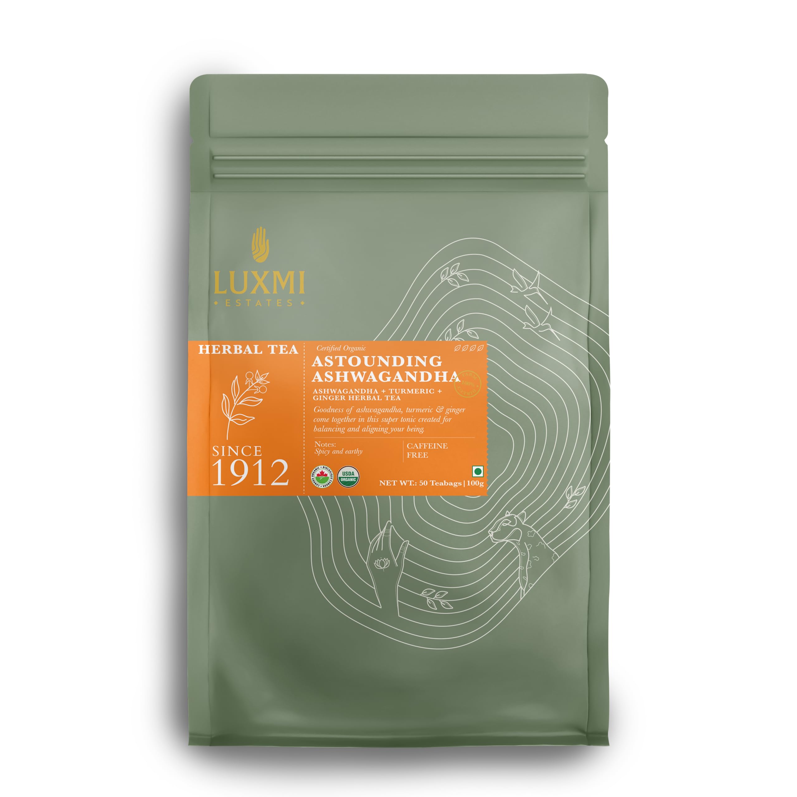 Luxmi Ashwagandha Turmeric tea packaging front promoting everyday wellness.