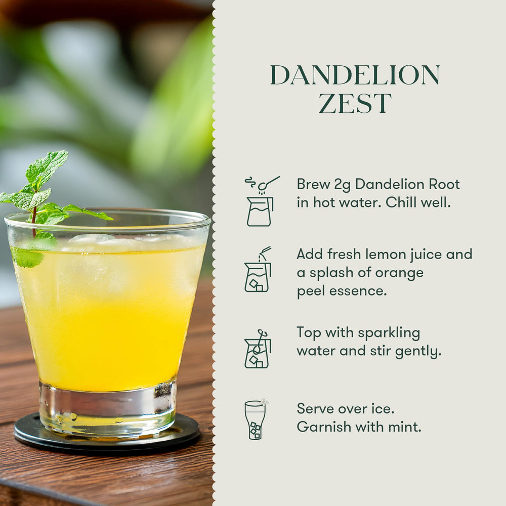 Luxmi Dandelion Root Tea sachet label on a clean kitchen scene