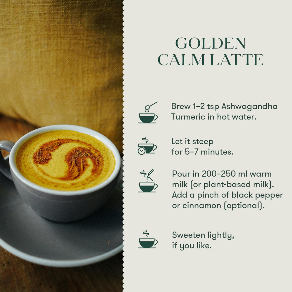 Luxmi Estates Ashwagandha Turmeric brewed tea in cup with inviting aroma.