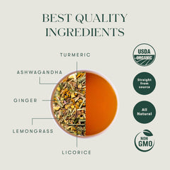 Luxmi Estates Ashwagandha Turmeric cup steaming for a calming evening tea ritual.