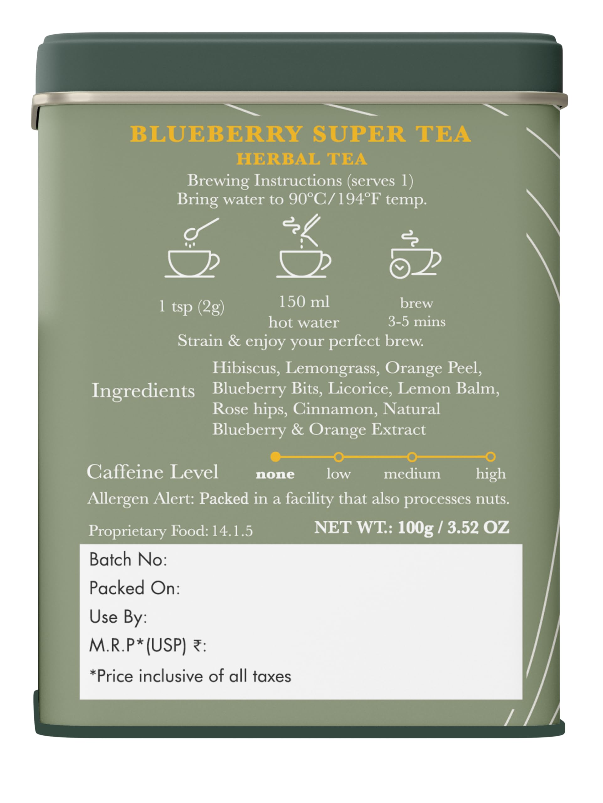 Brewing Luxmi Estates Blueberry Herbal tea, fragrant steam rising from the cup.
